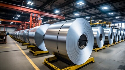 Large aluminium steel rolls in the factory. AI generative. - obrazy, fototapety, plakaty