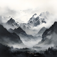 Mountains silhouette black and white color graphic illustration created with Generative AI technology