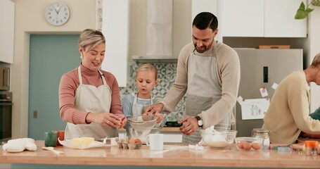 Family, teaching or girl baking with parents in kitchen for cookies recipe preparation with support at home. Flour, education or kid learning for child development or cooking with mom, dad or love