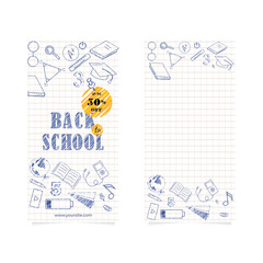 Back to school flyer template with different school objects. School sale flyer with pen strokes