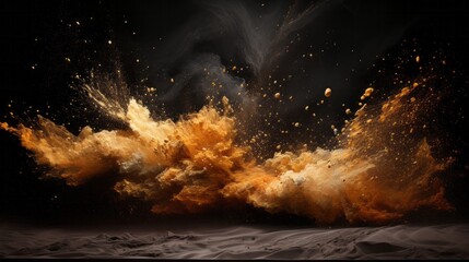 Sand explosion with vibrant splashes of gold sand on black background. AI generative. - obrazy, fototapety, plakaty