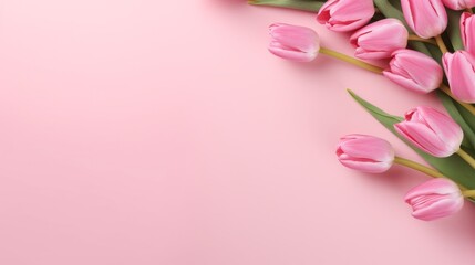 Spring tulip flowers on pink background with copy space for text. AI generative.