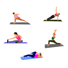 set of flat sport exercise design vector illustration. woman practice workout in home.