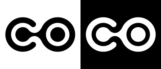 Abstract linked letter C and O like logo or icon. Black shape on a white background and the same white shape on the black side.