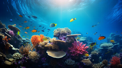 Obraz na płótnie Canvas Colorful coral reef with fishes and corals photo background created with Generative AI technology