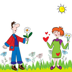 Hombre regalando una flor a una mujer.