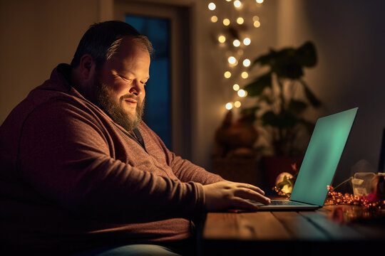 A man with down syndrome using laptop computer at home sitting at the table. Generative Ai