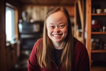 Down syndrome woman at home with a happy face standing and smiling with a confident smile showing teeth. Generative Ai