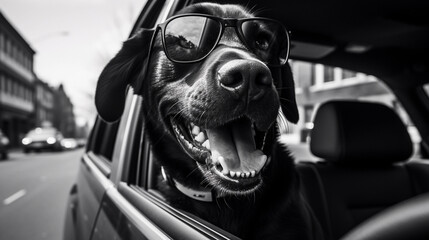 Black Labrador Dog Looking Out Of A Car Window With Sunglasses On