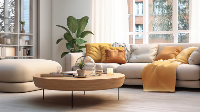 Scandinavian interior design living room with ochre elements