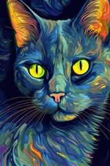 Russian Blue cat psychedelic look. Generative AI
