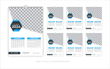 Simple and minimal wall calendar 2024 template design, 2024 planner, corporate creative calendar 2024 week starting from Monday, set of 6 calendars, printing, advertising, stationery, company office