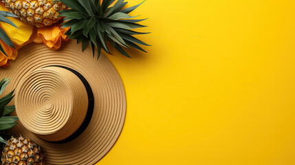 Sunhat, palm leaves, pineapple, bag on a vibrant yellow background with blank space for promotion. Embrace the essence of summer relaxation with this captivating top view flat lay.