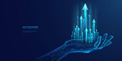 Fototapeta na wymiar Abstract digital businessman hand holding rising arrows in futuristic style. Successful business and growth strategy concept. Low poly wireframe vector illustration on technological blue background.