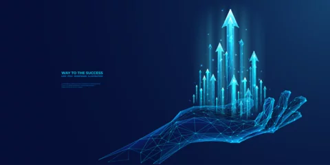Foto op Canvas Abstract digital businessman hand holding rising arrows in futuristic style. Successful business and growth strategy concept. Low poly wireframe vector illustration on technological blue background. © AntonKhrupinArt