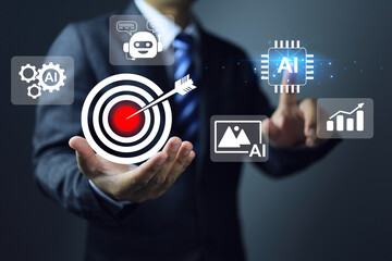 Businesspeople set profitable goals and use AI ro artificial intelligence as part of their strategy, such as customer service with chatbots, AI factory machine, advertising or website made with AI