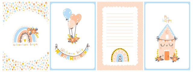 Baby shower boho template set. Vertical cards with rainbows, flowers, inscriptions. Cute hand drawn illustrations in a simple cartoon doodle style in a limited edition gender neutral palette.
