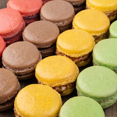 Closeup of assorted, various flavors macarons