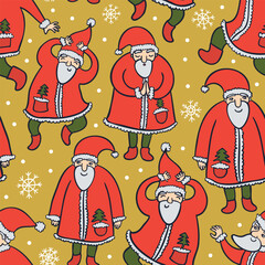 Santa Clauses and snowflakes abstract seamless pattern