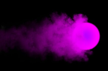 abstract background, glowing burning purple ball with clouds and smoke on black background