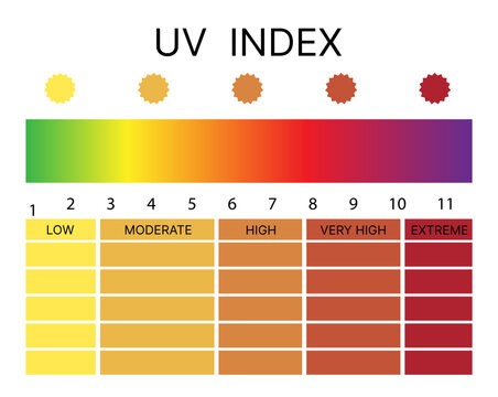 UV UVA UVB HEV skin protection. Sun radiation ultraviolet harmful rays stcok image vector. Sunburn skin layers, epidermis, dermis, hypodermis. Sunlight damage cancer risk. UV index chart, SPF cream