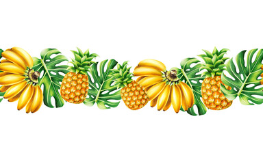Watercolor tropical border with a bunch of bananas, pineapples and monstera leaves. Ripe fruits banner isolated on white background. For designers, spa decoration, postcards, wedding, greetings, w