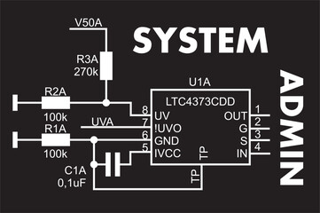 Vector print for a t-shirt with the lettering "system
admin" and a drawing of an electrical schematic diagram  with a resistor,
capacitor, integrated circuit and conductors.