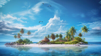 tropical island with palm trees and clouds in the distance, in the style of exotic birds, high-key lighting, light silver and azure, photo taken with provia, commission for, hyperrealistic marine life - obrazy, fototapety, plakaty