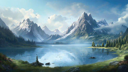 Fototapeta na wymiar Fantasy mountain lake landscape beautiful sky