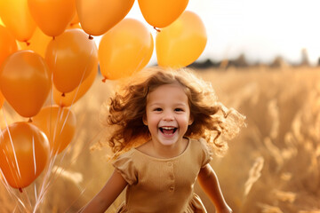 Cute little girl with balloons running through the field towards the viewer. Generative AI