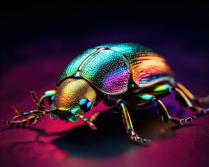 A photorealistic image of a super macro shot of Rainbow scarab beetle,  macro lens, emphasizing the detail and realism of image. Generative AI