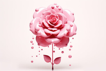 Creative rose flower with dripping drops of thick paint on flat pastel background with copy space. Unusual floral wallpaper in pink pastel color. 3d render illustration style.