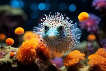 Colorful Pufferfish Underwater. Generative Ai