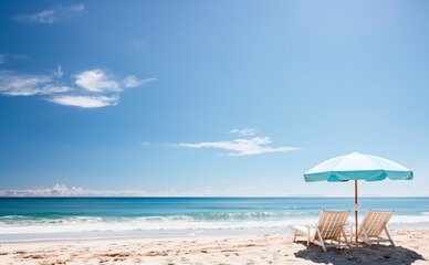 Fototapeta na wymiar Chairs And Umbrella In Tropical Beach - Seascape Banner