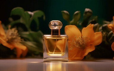 Mock up, luxury perfume bottle, with yellow flowers around it. AI Generated Image