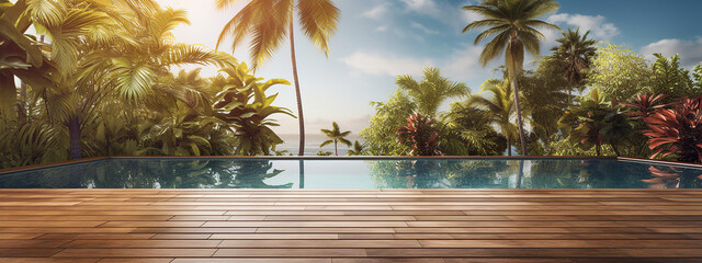 wooden terrace near a pool background with palm trees, in the style of layered images, glossy finish, blurred, landscape-focused, poolcore, commission for, wood - obrazy, fototapety, plakaty