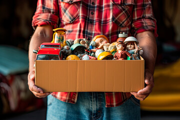 Close up of a man with a cardboard box full of toys to donate