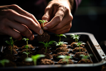 sprouting marijuana sprouts, small cannabis plant generative ai - obrazy, fototapety, plakaty