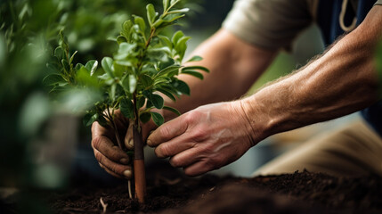 hands planting a tree, planting plants in the garden generative ai