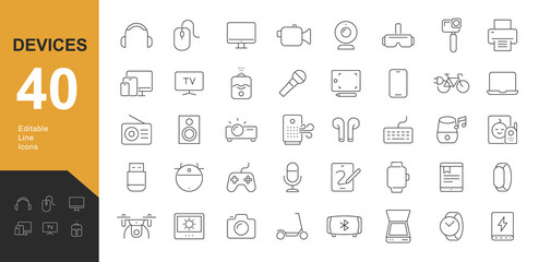 Devices Line Editable Icons set. Vector illustration in thin line style of gadgets and electronics related icons: computers, smart phone, watches, speaker, tablet, and more. Isolated on white
