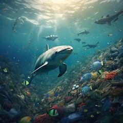 Fish in garbage in the ocean