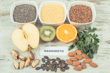 Inscription hashimoto with beneficial eating for thyroid gland. Healthy ingredients containing...