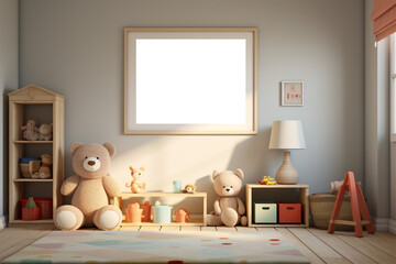 Obraz premium Photorealistic childs bedroom with three white vertical frames on wall. Side-view angle. Shot during daytime made with AI generative technology