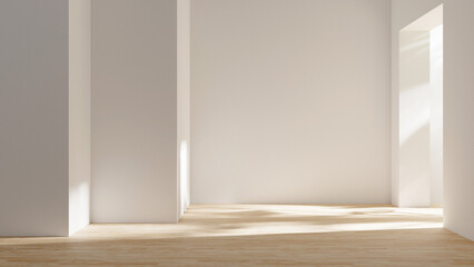 Abstract empty studio room with sunlight and leafs shadows, empty living room design interior with light beams and wooden floor
