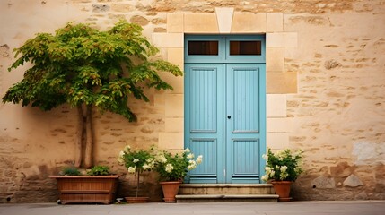 Fototapeta na wymiar une porte bleu de maison en pierre