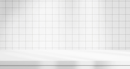 White table stage and tile wall backdrop with light beams spotlights, empty space podium for product presentations, white tile wall and table background