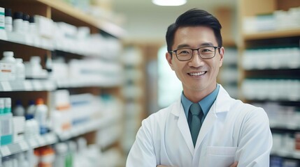 Asian pharmaceutical man smiling and looking at camera at a pharmacy. Generative AI.