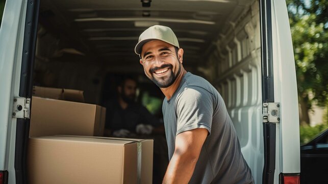 Latin deliverer man holding a box, smiling and looking at camera. Generative AI.
