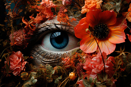 Human Eye Peeking Through Bushes.Sight.