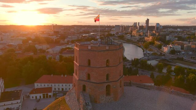 Sunset aerial view of Gediminas Tower, Vilnius, Lithuania